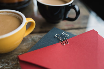Valentines Day morning celebration. Love letter with numbers 14 and two cups of coffee.