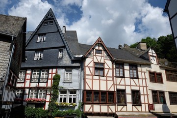 The historic half medieval timbered houses of pretty Monschau in Germany
