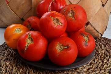 Rotten many red tomato. Tomatoes damaged by pest. Mold on vegetables. 