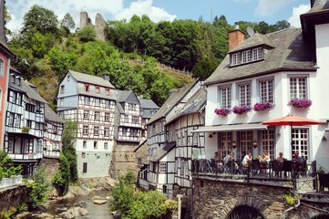 Fototapeta na wymiar The historic half medieval timbered houses of pretty Monschau in Germany