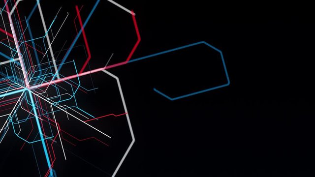 Abstract illustration of many different ways of development. Animation. Many colorful lines spread and multiply from one point on black background.