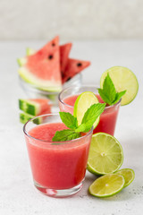 Detox watermelon lime mint smoothie. Space for text.