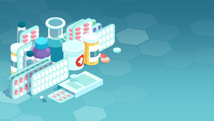 Vector of various meds, pills, capsules, glass bottles with liquid medicine.