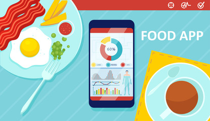 vector of a food plate and smart phone with daily calorie calculation app