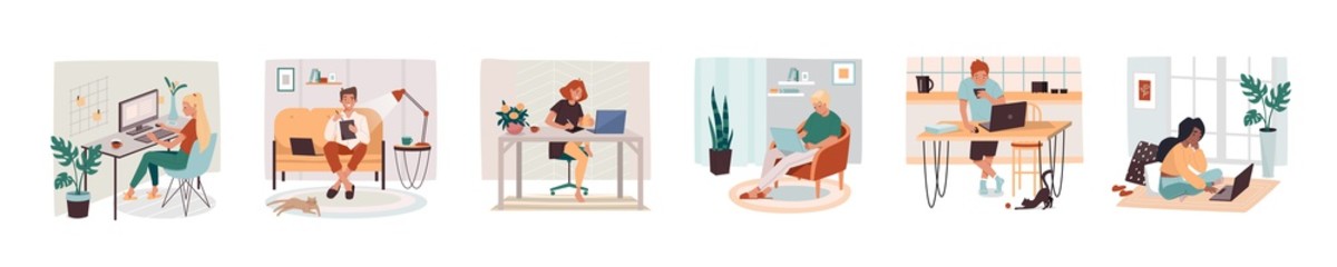 Set of isolated remote work or freelance job sign. Man and woman working with tablet and notebook, pc or computer. Male and female freelancer at home working. Cartoon employee at desk or table