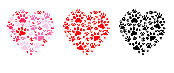 Dogs or cats background pattern. Love heart symbol. Slagan dog or cat. Dog's or cat’ss footprint, Funny vector dog quote signs. Lovers silhouette. Animals day Funny footsteps or steps. Pet paw step.