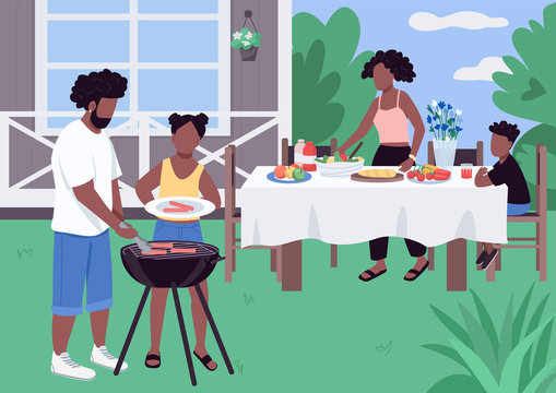 African family barbeque flat color vector illustration. Quality time together while preparing BBQ. Holiday recreation in house yard. African american 2D cartoon characters with landscape on background