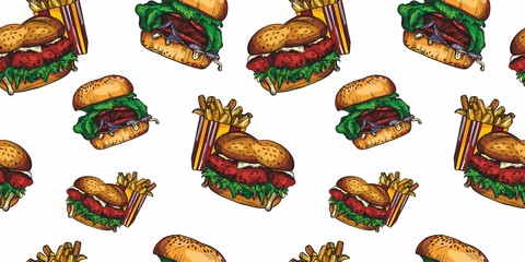 A large set of sketches of burgers, sandwiches and hotdogs in the artline style. Seamless pattern. High drawing of details and elements.