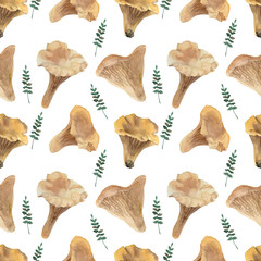 Watercolor chanterelles and leaves seamless pattern on white background.