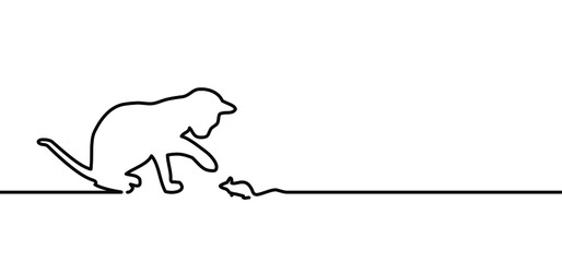 Drawing cat line pattern. Funny vector cats sign. Comic cartoon sketch. One line kitten, kitty silhouette pictogram. Animal, cute pet sits background. World cat day.