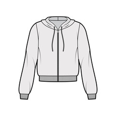 Zip-up cotton-fleece hoodie technical fashion illustration with relaxed fit, long sleeves, ribbed trims. Flat jumper apparel template front, grey color. Women, men, unisex sweatshirt top CAD mockup