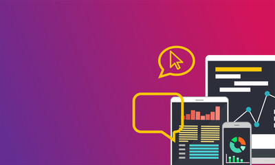 Seo (search engine optimization) concept vector flat illustration. Analysis service on computer, tablet and smartphone.