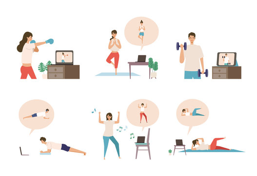 Online fitness concept. Work out via monitor, laptop, tablet. Vector illustration of a people relaxing in their home.