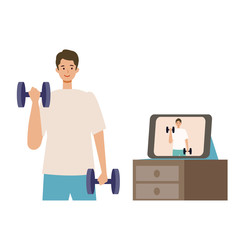 Online fitness concept. Work out via monitor, laptop, tablet. Vector illustration of a man working out in his home.