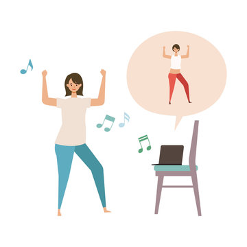 Online Fitness Concept. Work Out Via Monitor, Laptop, Tablet. Vector Illustration Of A Woman Dancing Zumba In Her Home.