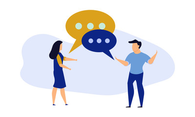 Business people social dialogue man and woman. Speech bubble chat goal discuss person vector illustration character concept cartoon. Communication talk background. Group connection language banner