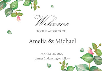 Watercolor hand painted nature floral wedding romantic frame with green eucalyptus branches, pink flower buds and welcome, name and date text on the white background for invitation card
