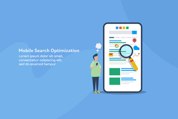 Mobile search concept. User holding smartphone and interacting with search engine, mobile browsing, mobile search result, mobile seo index, digital marketing and search optimization concept.