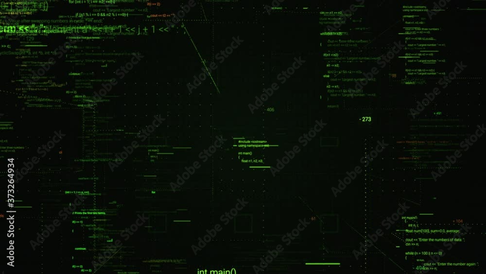 Poster moving through parts of the source code of a computer program in virtual space. animation. abstract 
