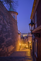 Old Prague, Czech Republic, Bohemia, Castles and Charles Bridge at night without people.