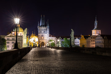 Fototapeta na wymiar Old Prague, Czech Republic, Bohemia, Castles and Charles Bridge at night without people.