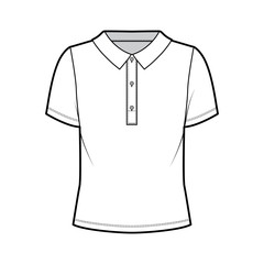 Polo shirt technical fashion illustration with cotton-jersey short sleeves, oversized, buttons along the front. Flat outwear apparel template front, white color. Women men unisex top mockup