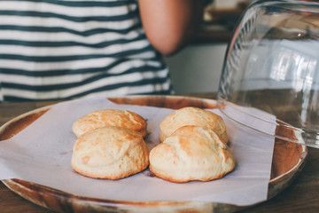 Close-up Homemade delicious English scone set with strawberry jam on the table. Horizontal,copy...