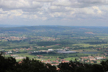 A view of the Canvese hills and mountains from the Sacro Monte di Belmonte sanctuary in the province of Turin. 