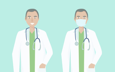 Doctor's a man, a health worker.  Friendly character with a medical mask and an open face. The concept of medical care and assistance to people. Vector flat illustration