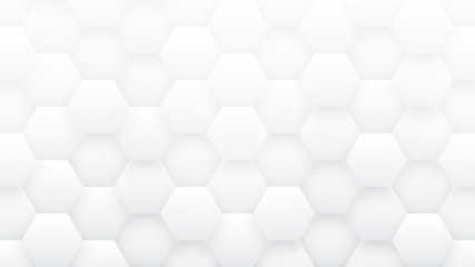 3D Hexagon Tech Structure Minimalist Abstract White Background. Science Technology Hexagonal Blocks Pattern Conceptual Light Wallpaper In Ultra High Definition. Clear Blank Subtle Textured Backdrop