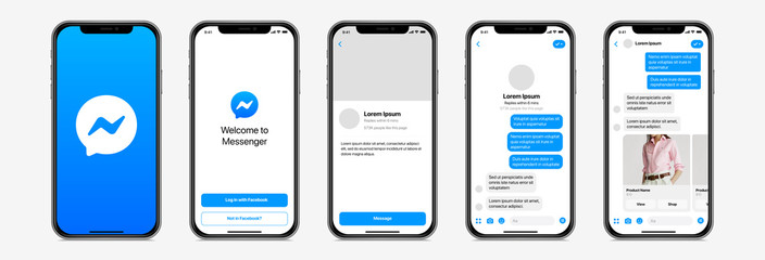 Messagerie Facebook PARIS, FRANCE – AUGUST 23, 2020 : Facebook Messenger template presentation on Apple iPhone : log in, conversation, welcome, carroussel. Editable text and display. Mobile smartphone mockup vector set.