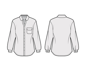 Classic shirt technical fashion illustration with rounded pocket and collar, long sleeves with cuff, relax fit, front button-fastening. Flat template front, back grey color. Women men unisex top CAD