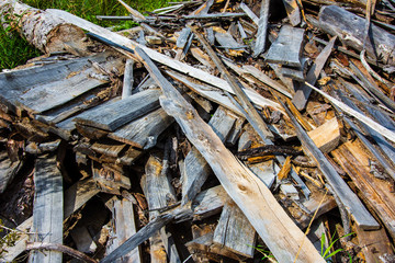 Forest pines and spruces. Piles of logs, logging woodworking industry. Wide constriction or panorama of wooden trunks. Stack of logs at a sawmill in rural areas