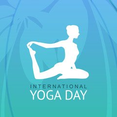 International Yoga Day. Woman practicing yoga exercises, postures, meditations in nature. Silhouette. Vector illustration.