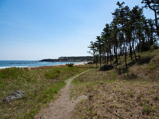 A view of the trail along the ocean with blue sky. The Michinoku Coastal Trail in Aomori Prefecture, Japan.