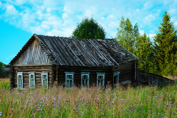 Fototapeta na wymiar Old abandoned ruined houses among the northern forests. Abandoned crumbling village against a blue cloudy sky