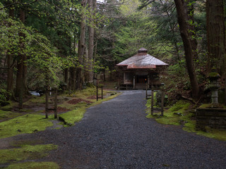 A shrine in the forest. Ushioyama Shrine in Shiogami-cho, Sannohe-gun, Aomori, Japan.