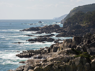 View of the waves pounding the rock beds. Kuji city, Iwate Prefecture, Japan.