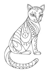 Vector Illustration of cat. Black and white vector illustration for coloring book. Beautiful drawings with patterns and small details. 