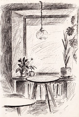 Stock hand drawn coffee shop interior. Pen drawing of coffee shop room with window, tables and flowers. Concept for decoration, postcards and souvenirs. Stock cafe interior pen on paper illustration.
