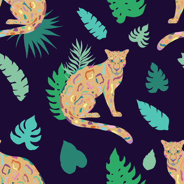 Tropic summer painting seamless pattern with leopard and tropical leaves. Tropical botanical Motives. Vector illustration. Summer decoration print for wrapping, wallpaper, fabric. © Anna Sobol