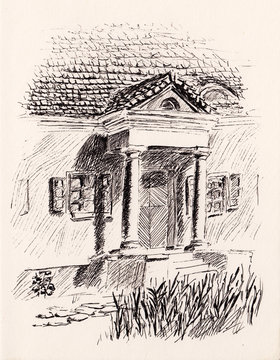 Pen on paper drawing of Eastern European old noble house. Manor with tile roof and pillared porch. Residence of Polish and Belarussian poet and writer Adam Mickiewicz in Novogrudok, Belarus. 
