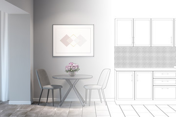 The sketch becomes a real kitchen with the horizontal poster above a round table with two chairs between gray kitchen cabinets and a doorway. Front view. 3d render