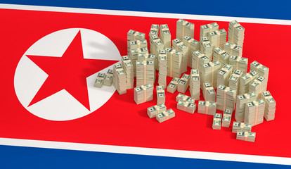 Stacks of 100 Dollar banknotes on North Korea national flag. 3D Rendering