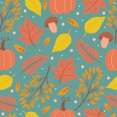 Autumn leaves seamless pattern. Colorful leaf, pumpkin and mushrooms background. Vector illustration for textile, wrapping, wallpaper.