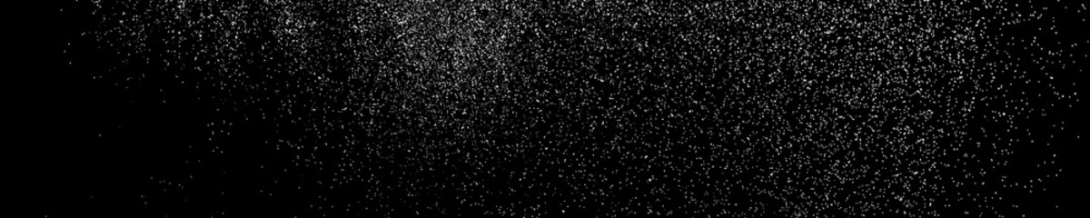 White Grainy Texture On Black. Panoramic Background. Wide Horizontal Long Banner For Site. Dust Overlay. Light Coloured Noise Granules. Snow Vector Elements. Illustration, EPS 10.