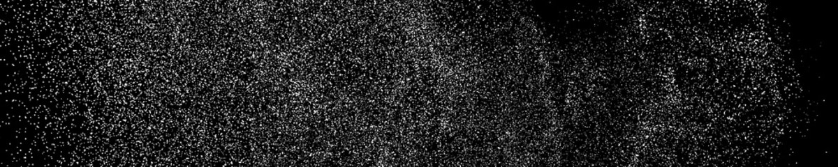 White Grainy Texture On Black. Panoramic Background. Wide Horizontal Long Banner For Site. Dust Overlay. Light Coloured Noise Granules. Snow Vector Elements. Illustration, EPS 10.