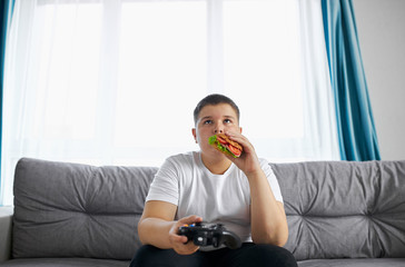 keen caucasian boy playing video games, overweight boy sit on sofa alone, has problems with...