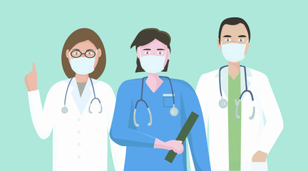 A team of doctors in medical masks to protect against viruses and infection. The concept of medical care and assistance to people. Vector flat illustration.
