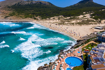 Aerial view, cliff and beach with Hotel Viva Cala Mesquida Resort & Spa, Cala Agulla, Cala Mesquida, Mallorca, Balearic Islands, Spain